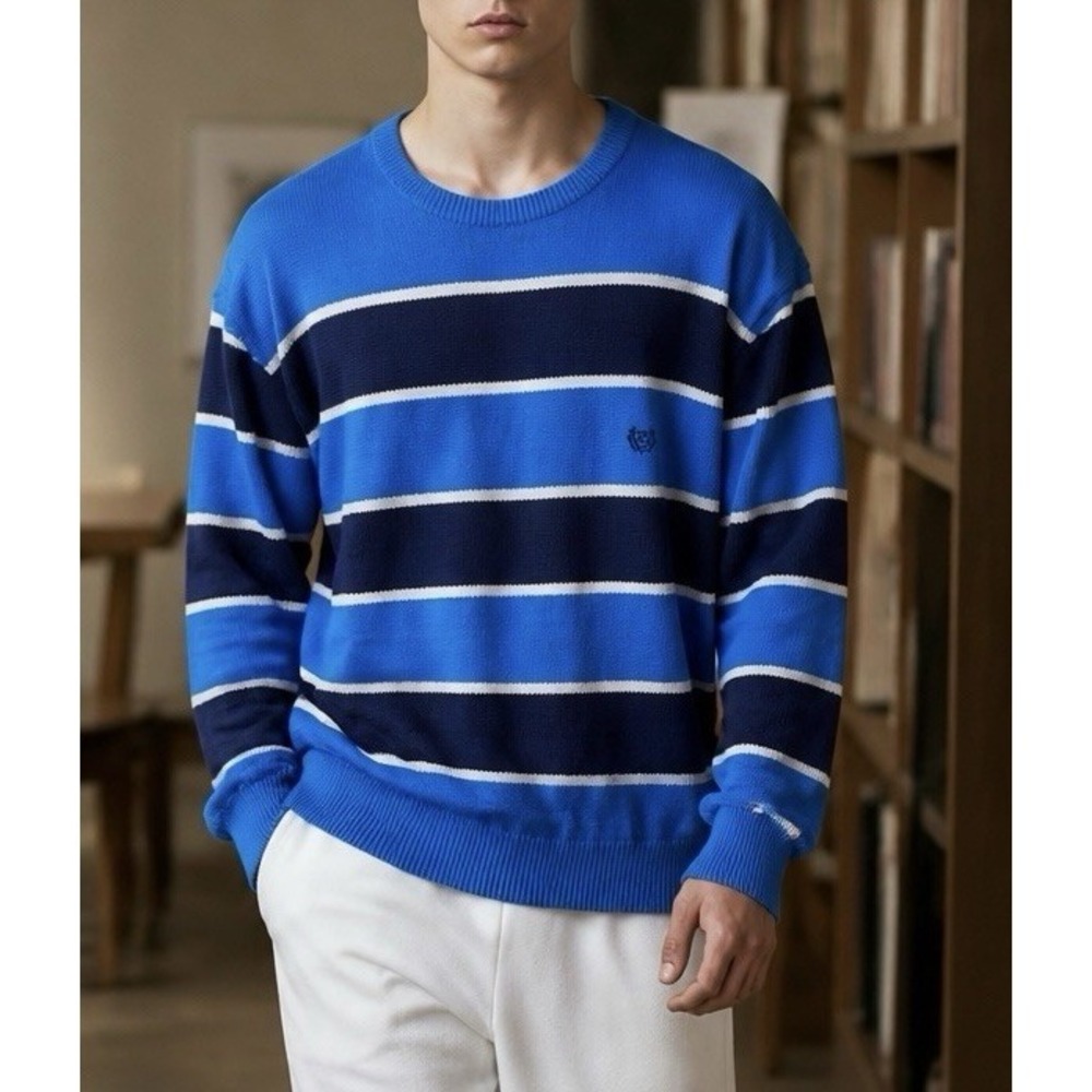 NWT Chaps 2XL Blue Striped Crewneck Sweater 100% Cotton Long Sleeve Men's‎